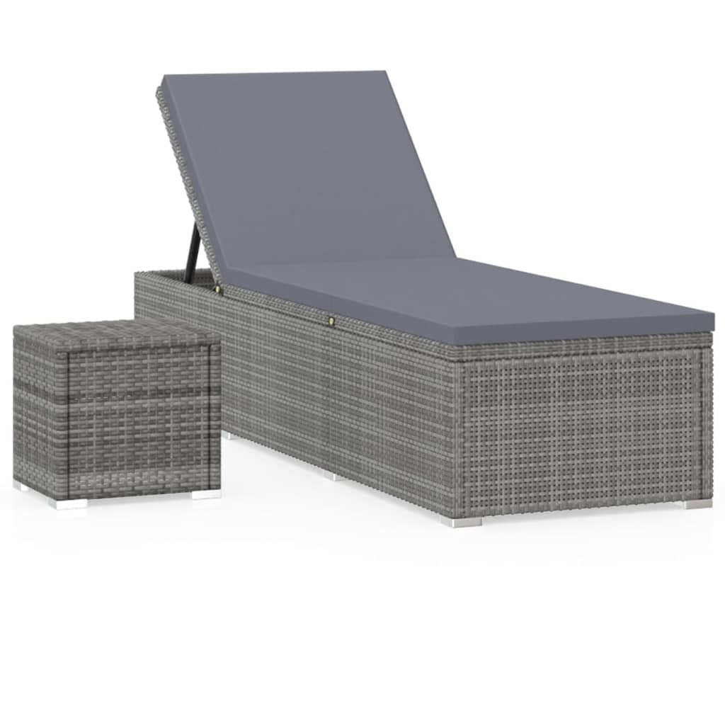 Grey Poly Rattan Sun Lounger Set with Cushion & Tea Table