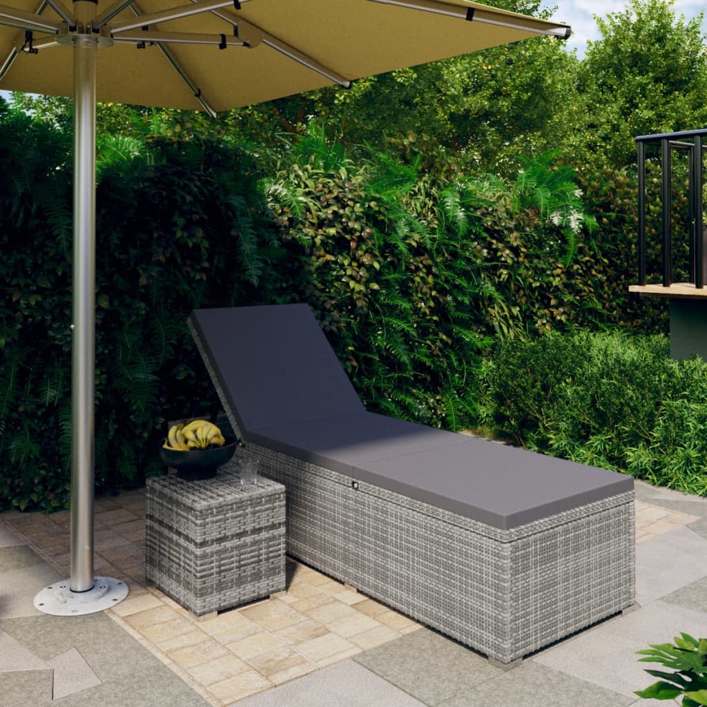 Grey Poly Rattan Sun Lounger Set with Cushion & Tea Table