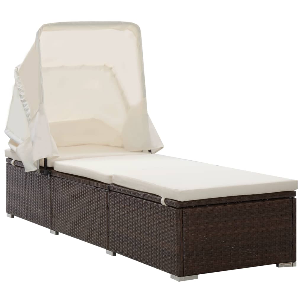 Brown Poly Rattan Sun Lounger with Canopy & Cushion
