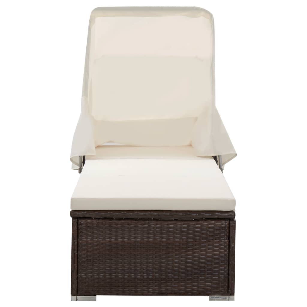 Brown Poly Rattan Sun Lounger with Canopy & Cushion