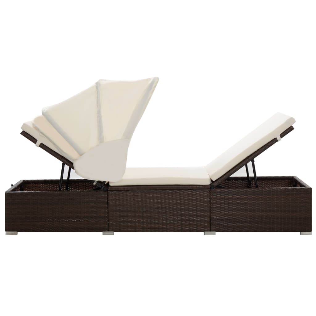 Brown Poly Rattan Sun Lounger with Canopy & Cushion