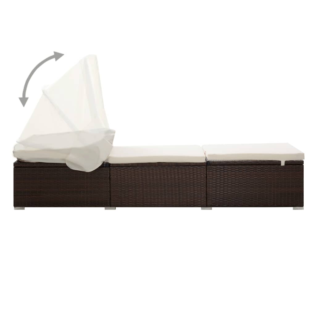 Brown Poly Rattan Sun Lounger with Canopy & Cushion