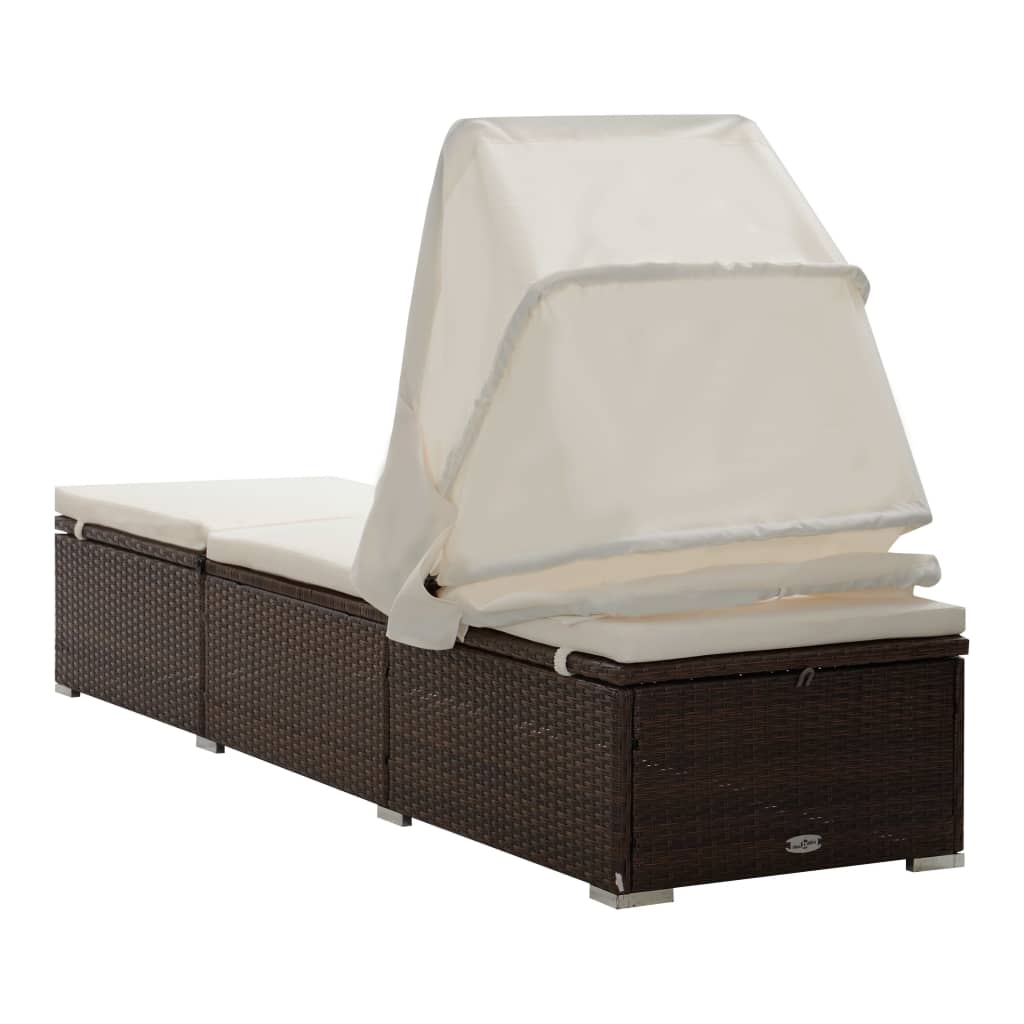 Brown Poly Rattan Sun Lounger with Canopy & Cushion