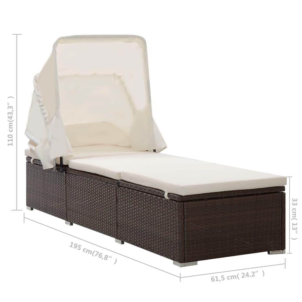 Brown Poly Rattan Sun Lounger with Canopy & Cushion