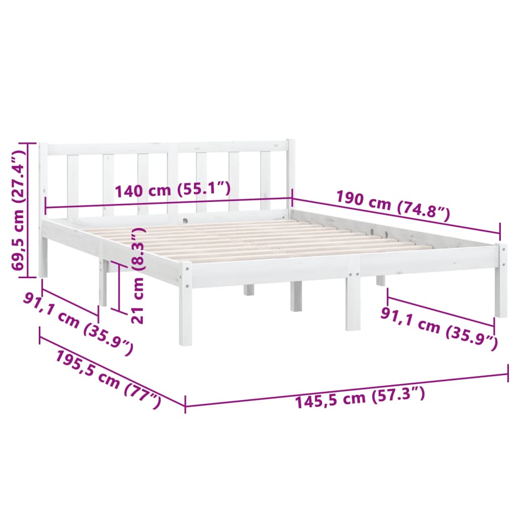 White Solid Wood Bed Frame 140x190 cm - vidaXL 810063 (No Mattress)