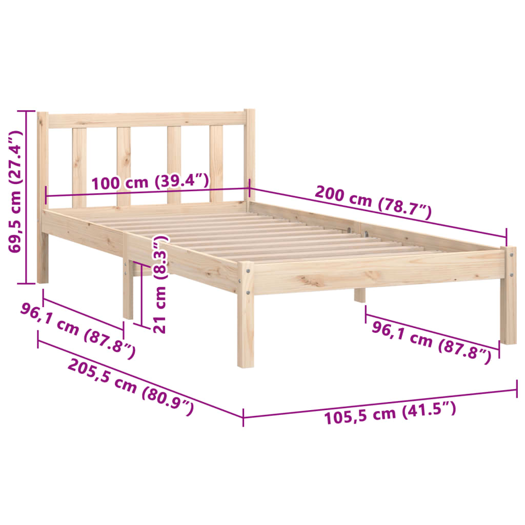 Solid Wood Bed Frame 100x200 cm - vidaXL 810072 (No Mattress)