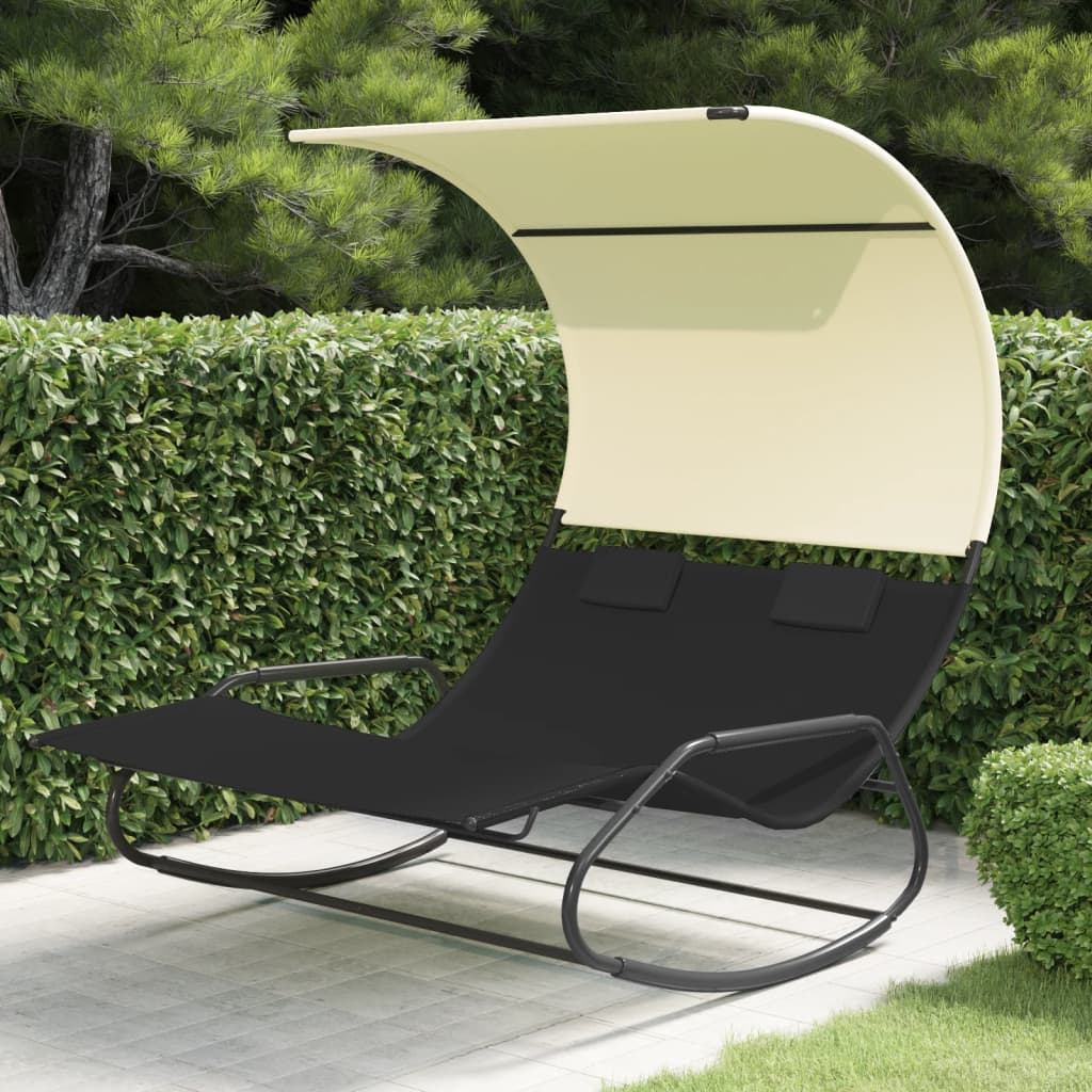 Black & Cream Rocking Double Sun Lounger with Canopy