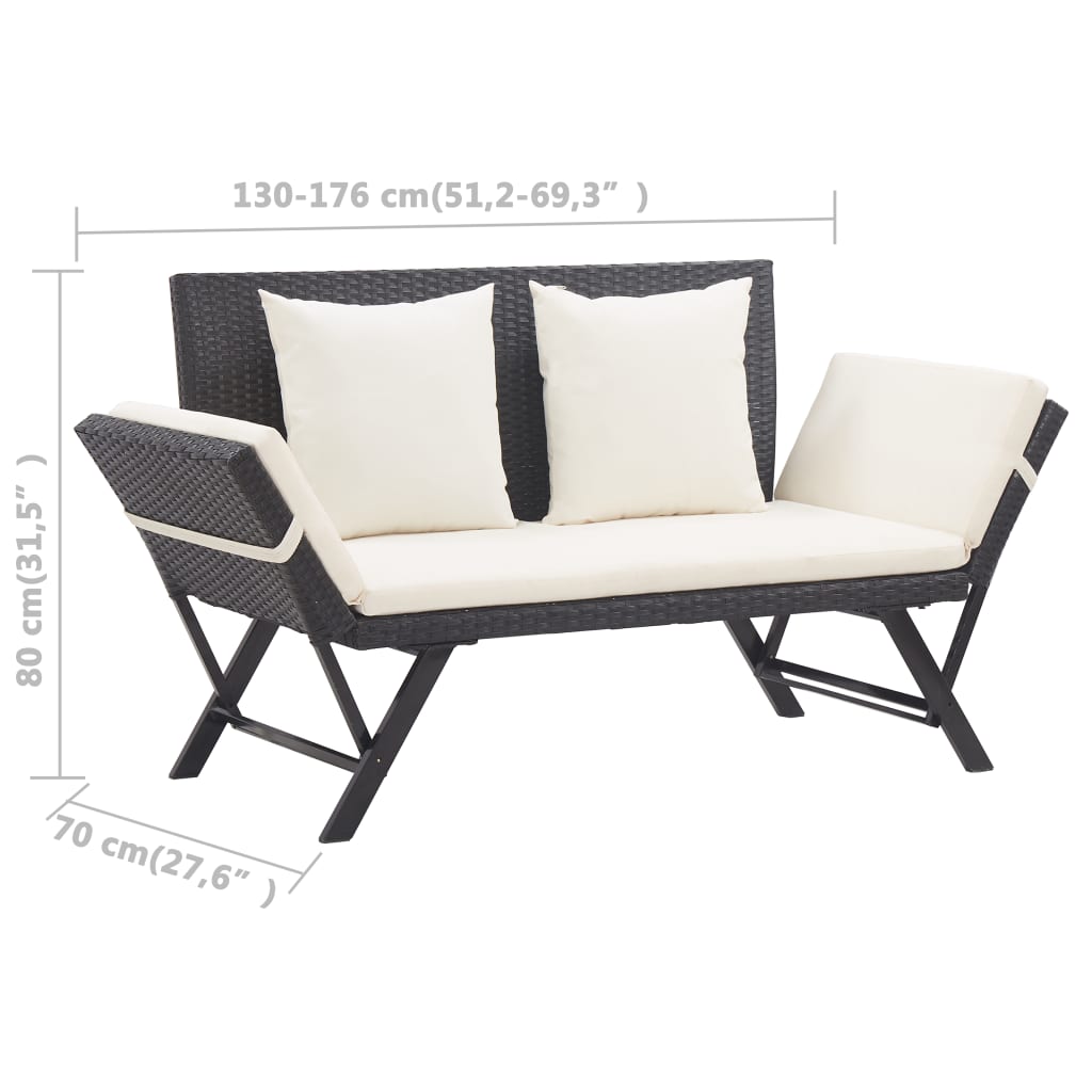 Stylish Black Poly Rattan Garden Bench with Cushions - 176 cm