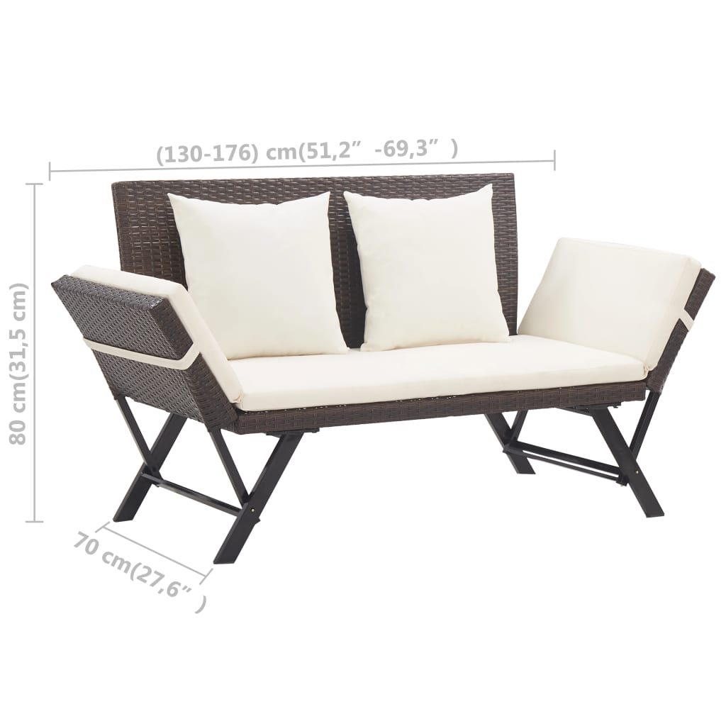 Cozy Brown Poly Rattan Garden Bench with Cushions, 176 cm