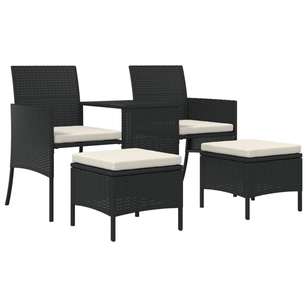 Black Poly Rattan 2-Seater Garden Sofa Set with Table & Stools