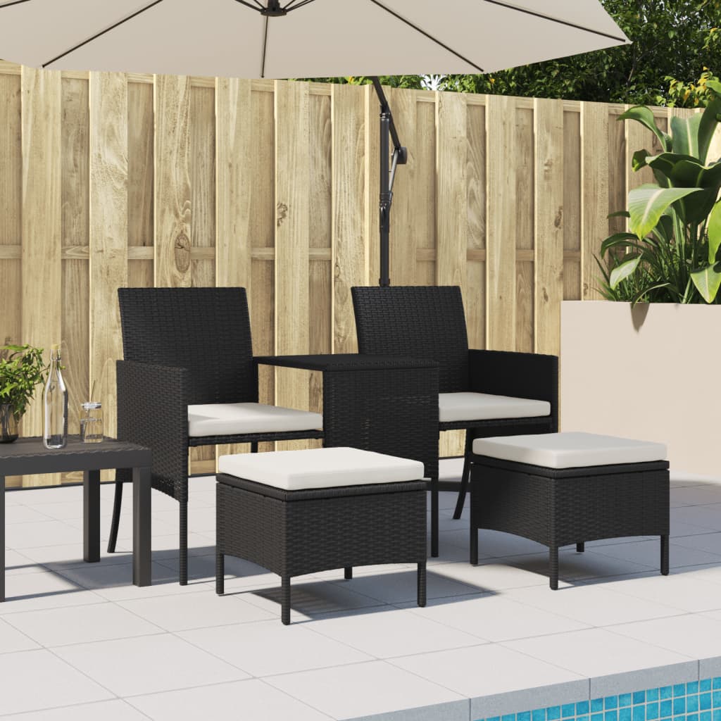 Black Poly Rattan 2-Seater Garden Sofa Set with Table & Stools