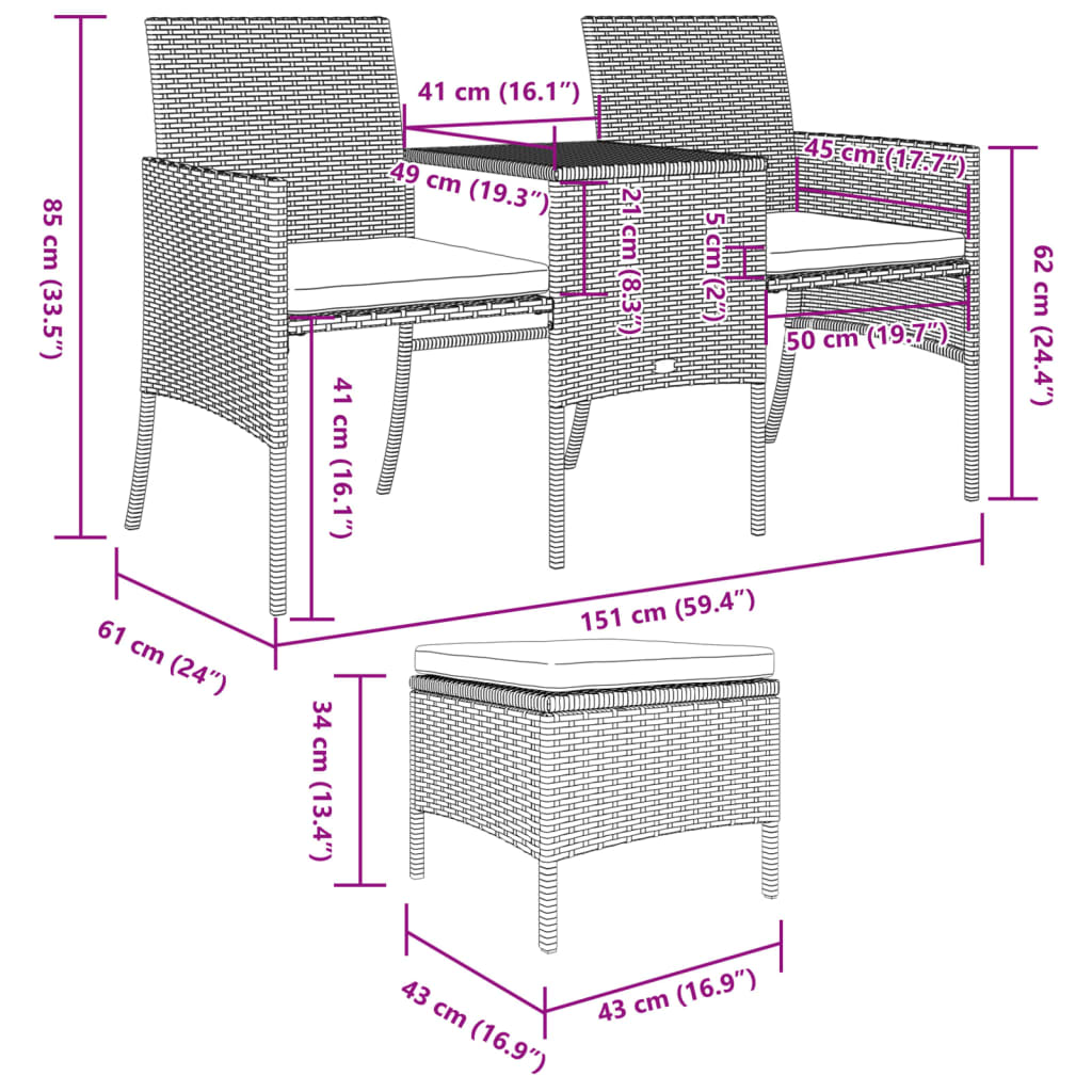 Grey Poly Rattan Garden Sofa Set: 2-Seater, Table & Stools