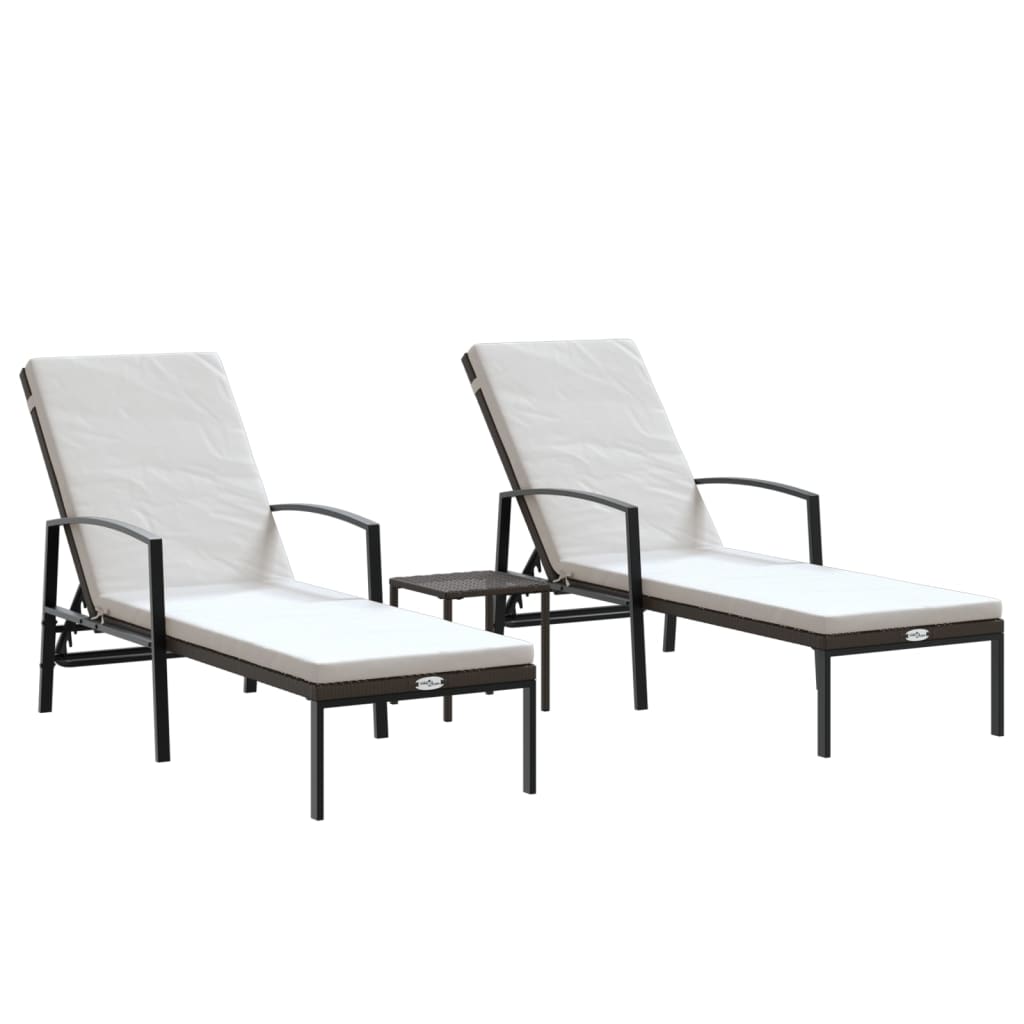 2-Piece Brown Poly Rattan Sun Loungers Set with Table