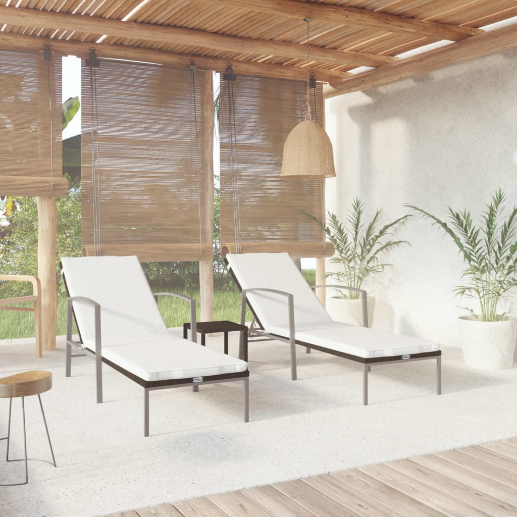 2-Piece Brown Poly Rattan Sun Loungers Set with Table