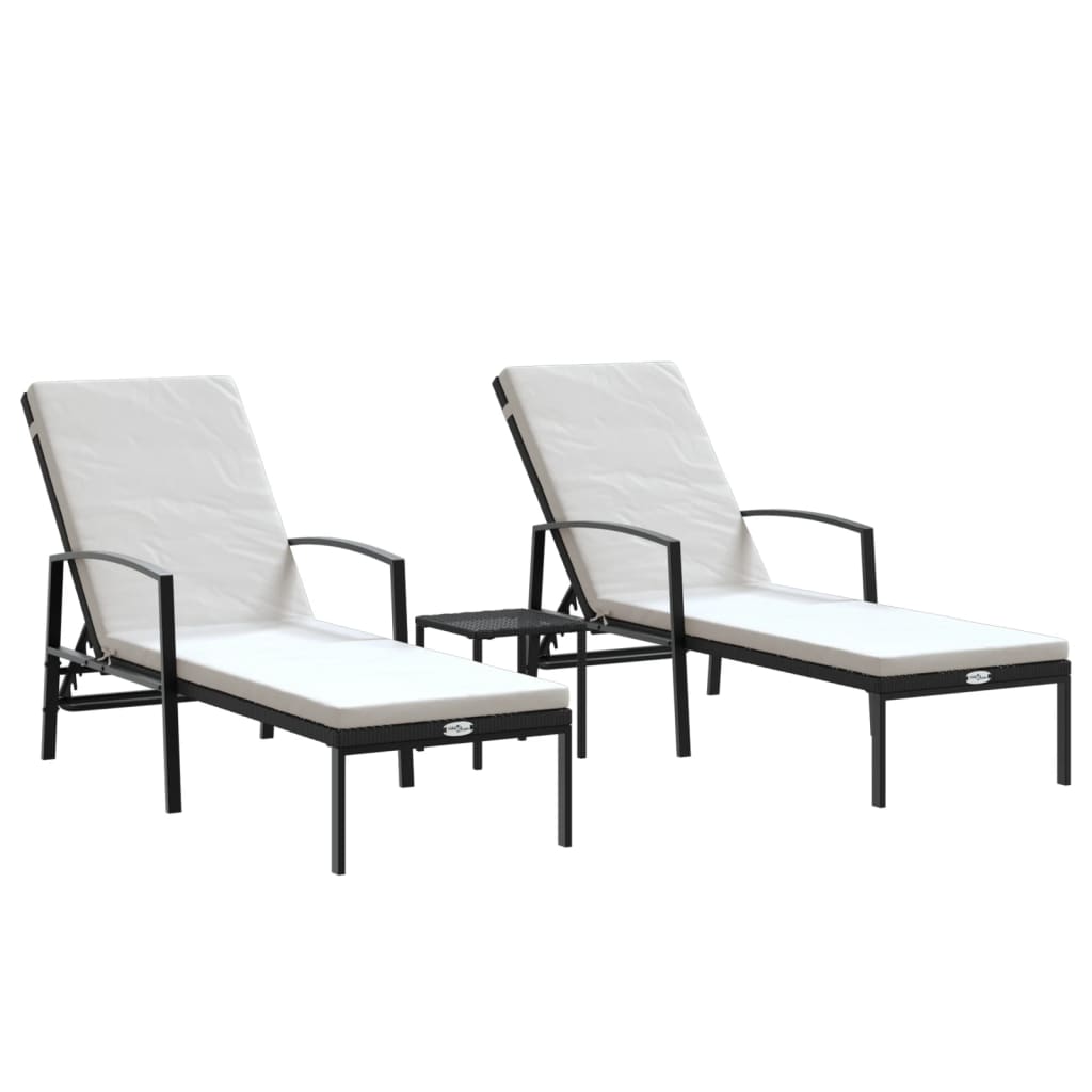 Black Poly Rattan Sun Loungers Set with Table - 2 pcs