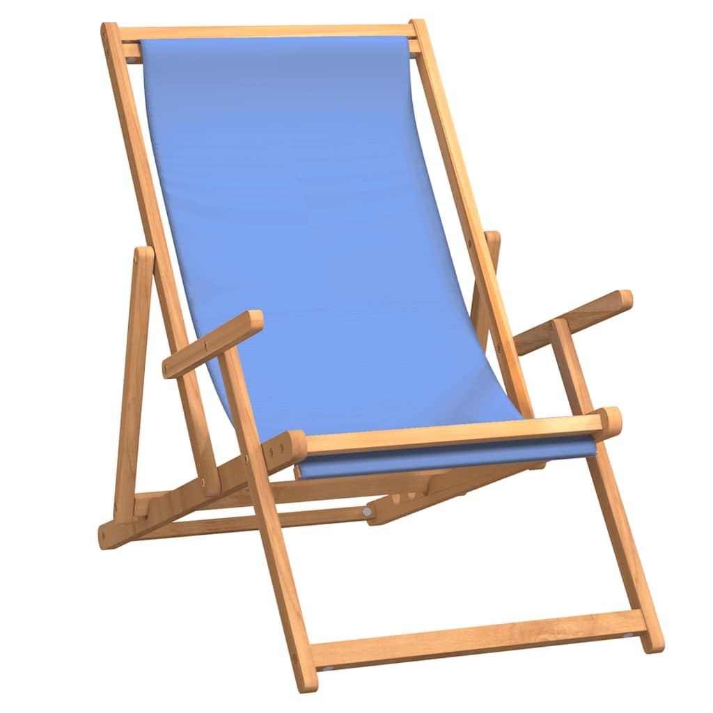 Teak Folding Beach Chair - Solid Wood, Blue Upholstery