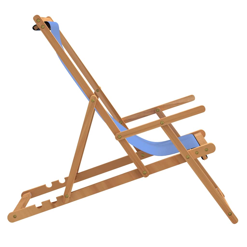 Teak Folding Beach Chair - Solid Wood, Blue Upholstery
