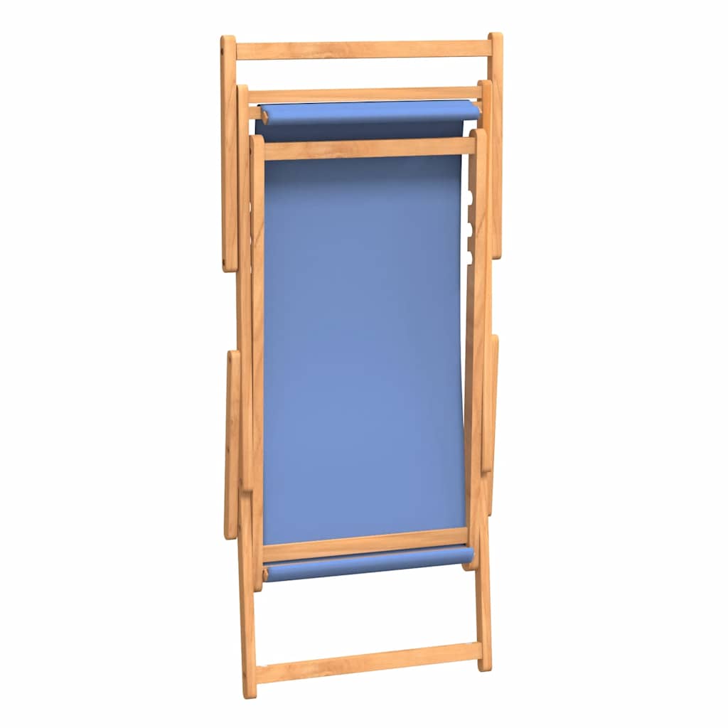 Teak Folding Beach Chair - Solid Wood, Blue Upholstery
