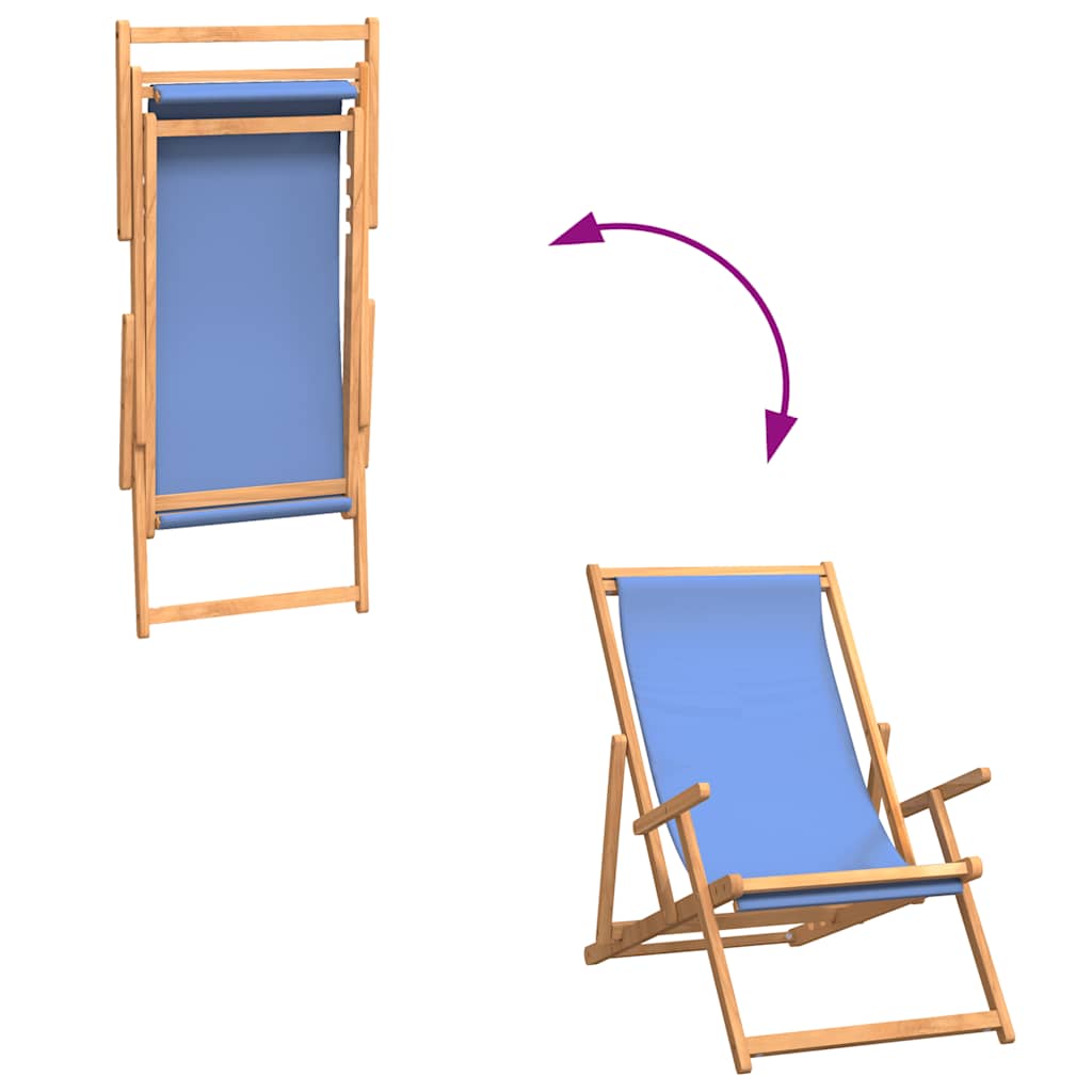 Teak Folding Beach Chair - Solid Wood, Blue Upholstery