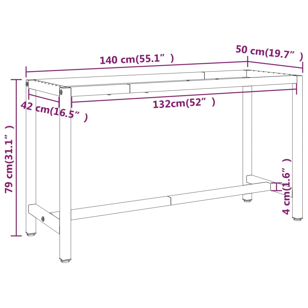 Metal Work Bench Frame: Matte Black & Red, 140x50x79 cm