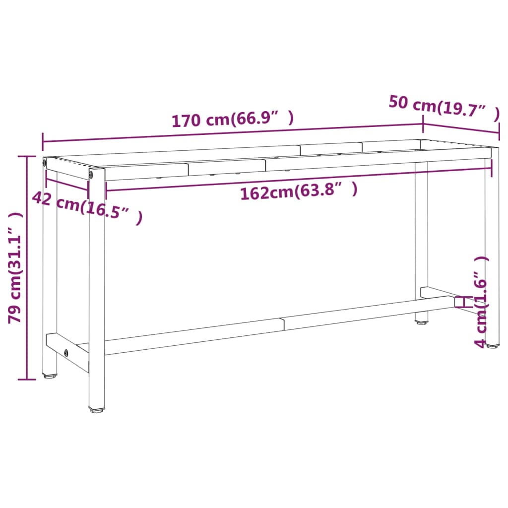 Sleek Metal Work Bench Frame 170x50x79 cm - Matte Black & Red