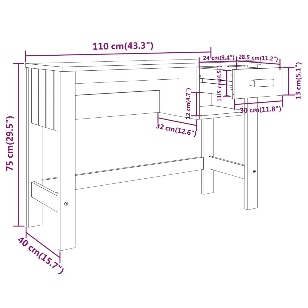 Solid Wood Pine Desk HAMAR, Light Grey, 110x40x75 cm
