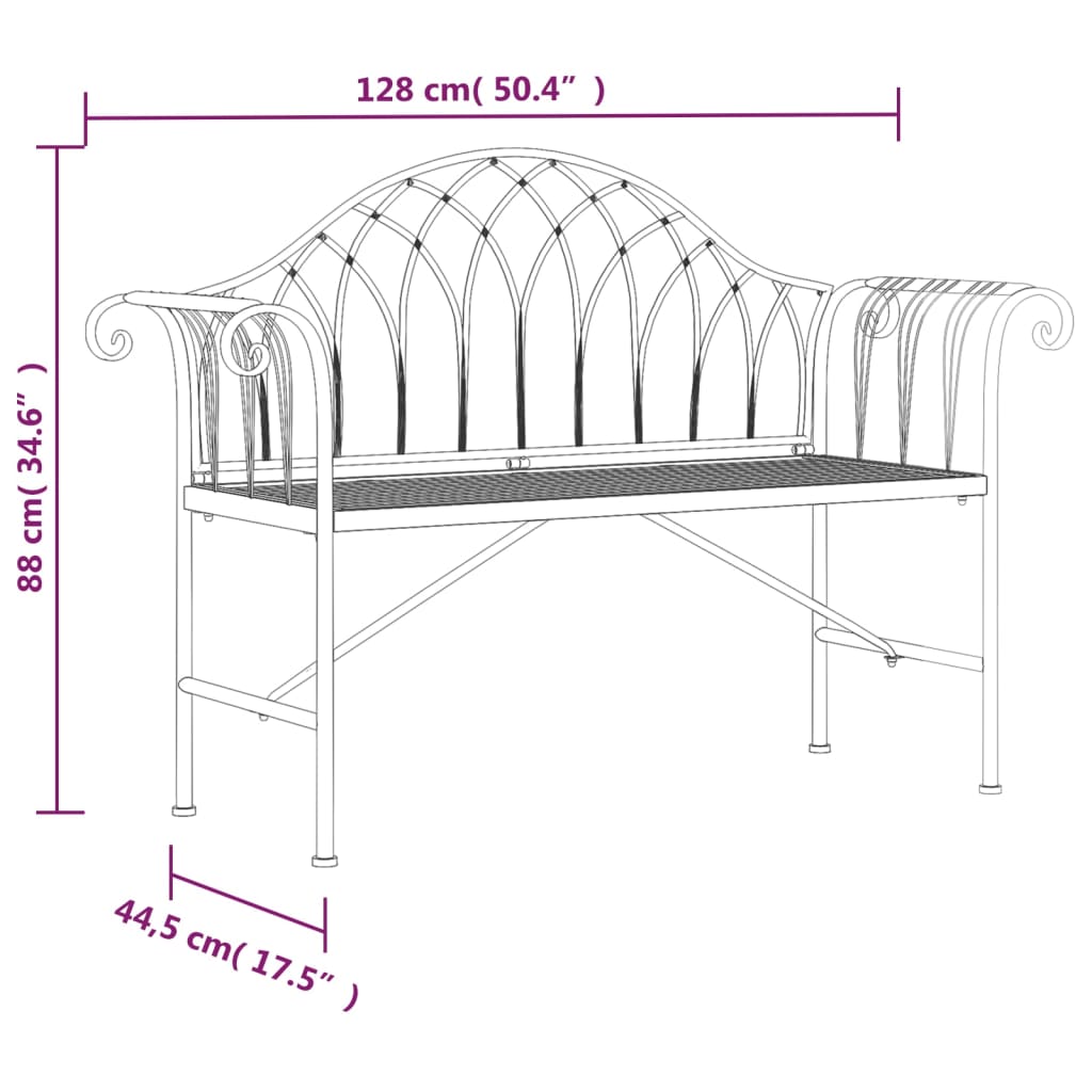 Black Steel 2-Seater Garden Bench - 128 cm Outdoor Seating