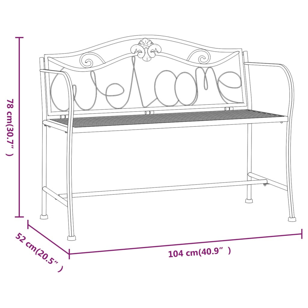 Stylish Black Steel 2-Seater Garden Bench - 104 cm
