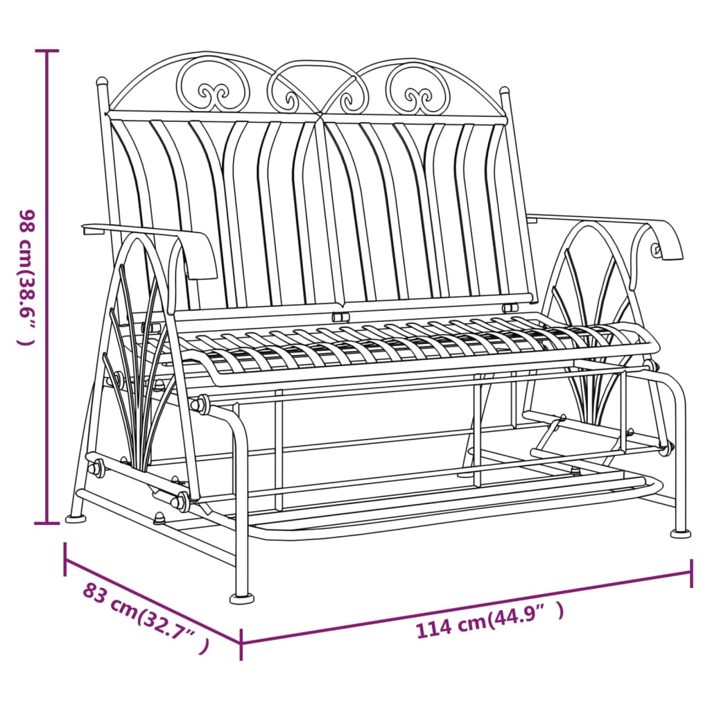 Stylish Black Steel 2-Seater Glider Bench - 114 cm