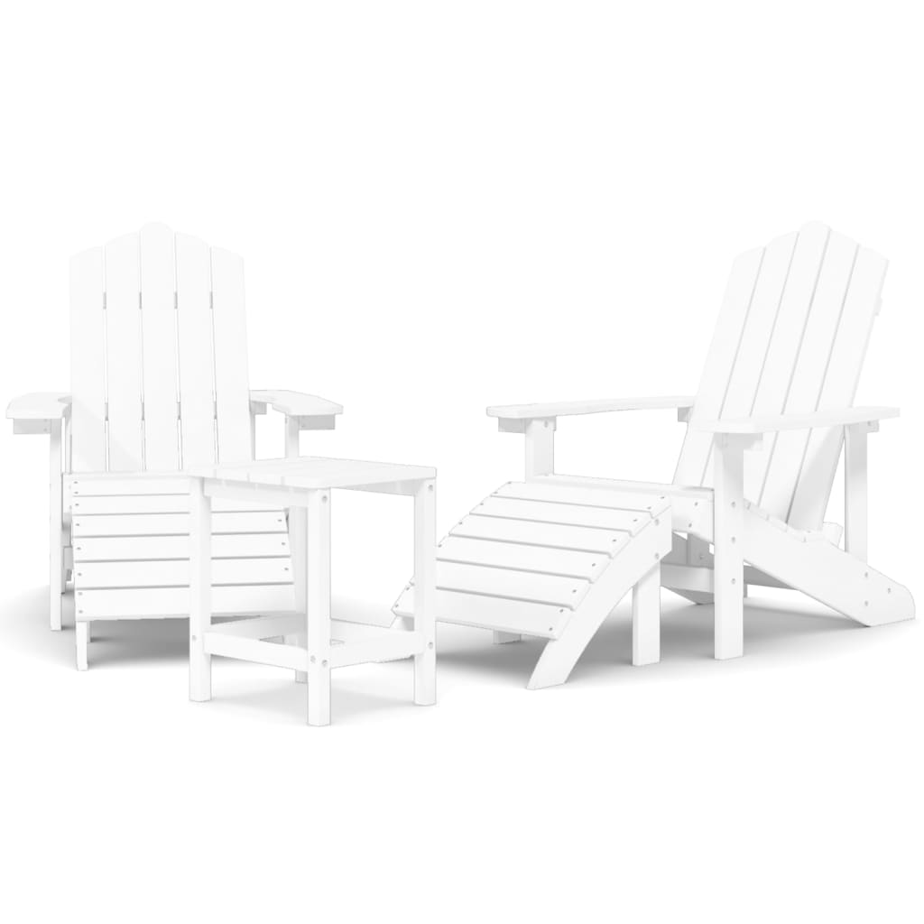 White HDPE Adirondack Chairs Set with Footstool & Table - Garden Ready