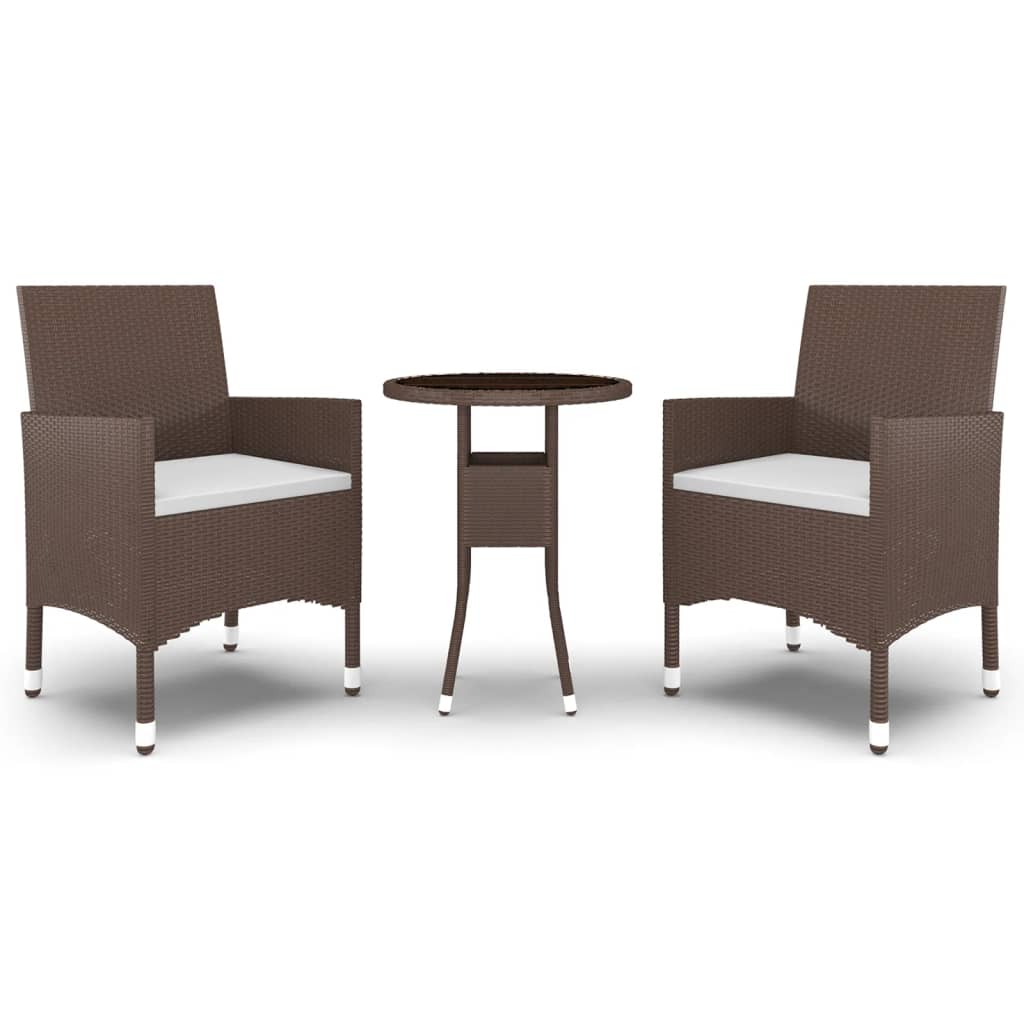 3 Piece Garden Bistro Set Poly Rattan and Tempered Glass Brown