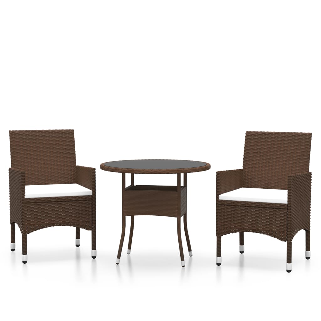 3 Piece Garden Bistro Set Poly Rattan and Tempered Glass Brown