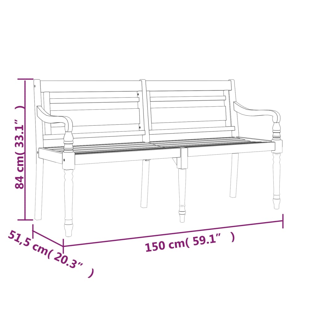 Solid Teak Wood Batavia Bench - 150 cm Classic Style