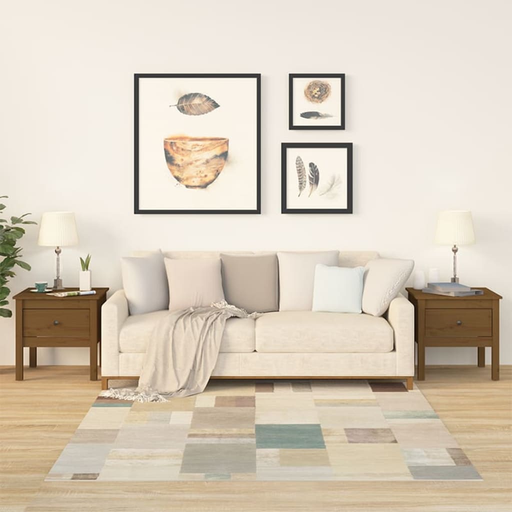 Honey Brown Solid Pine Wood Side Tables, 2 pc Set, 50x50x49 cm
