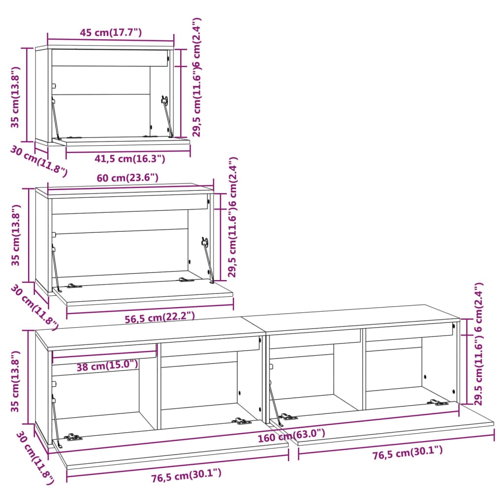 TV Cabinets 4 pcs Solid Wood Pine