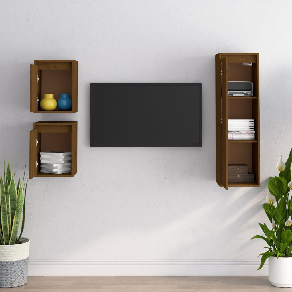 TV Cabinets 3 pcs Honey Brown Solid Wood Pine