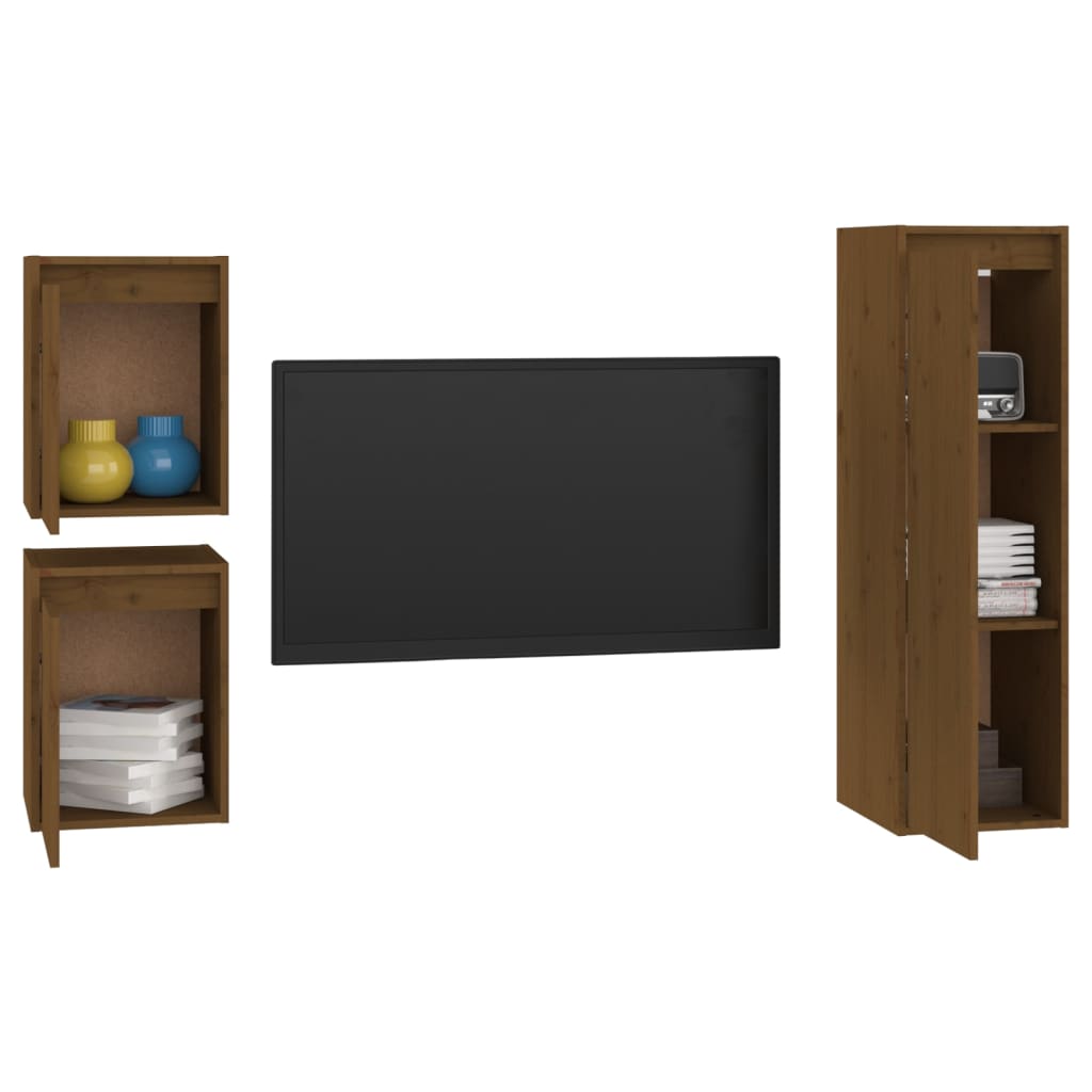 TV Cabinets 3 pcs Honey Brown Solid Wood Pine