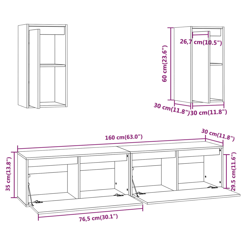 TV Cabinets 4 pcs Solid Wood Pine