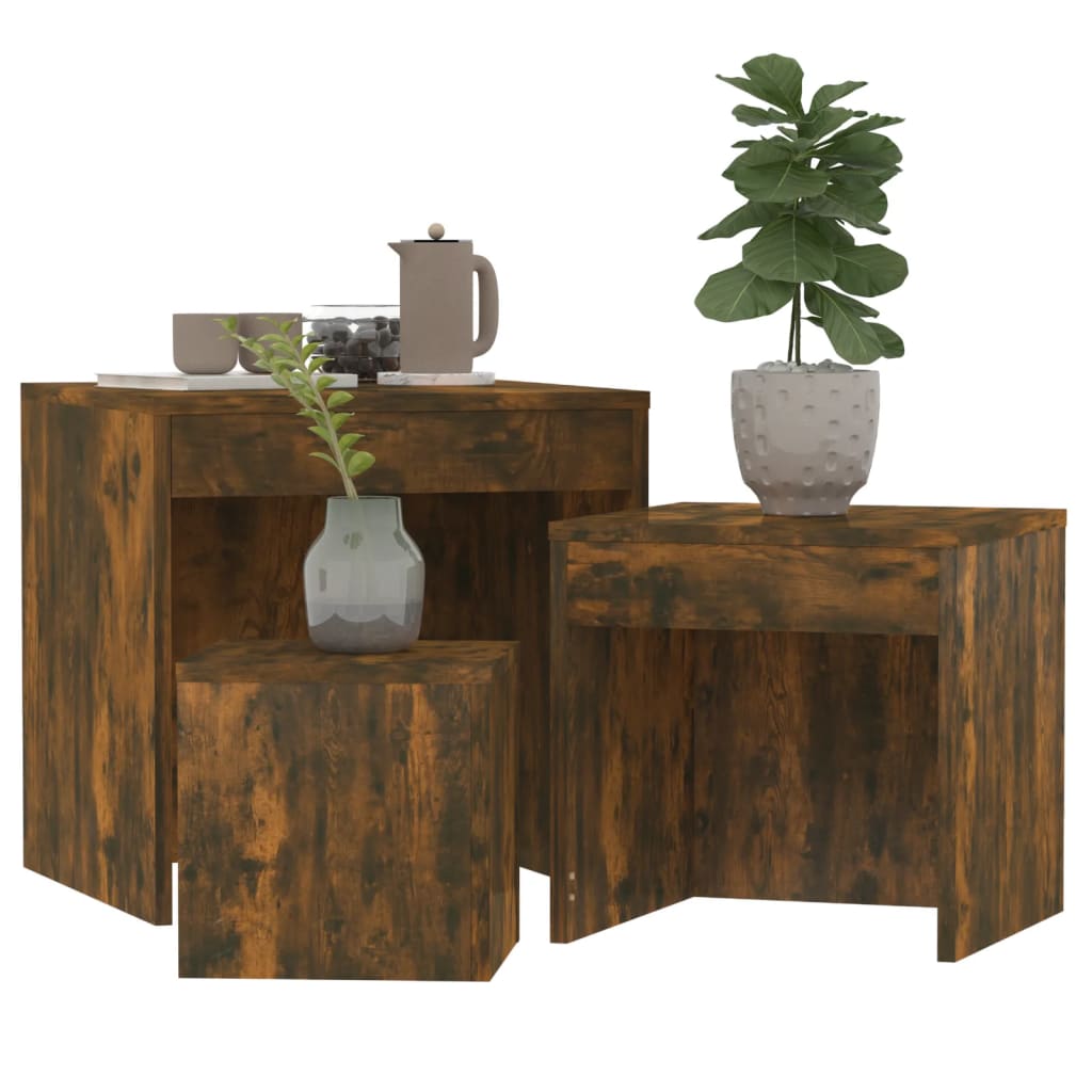 3-Piece Smoked Oak Nesting Tables - Engineered Wood Set