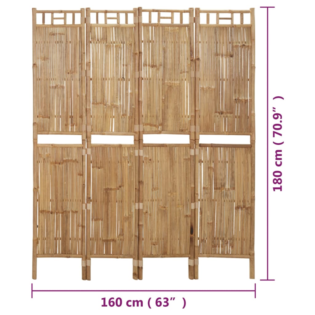 Elegant Bamboo 4-Panel Room Divider 160x180 cm - Natural Finish