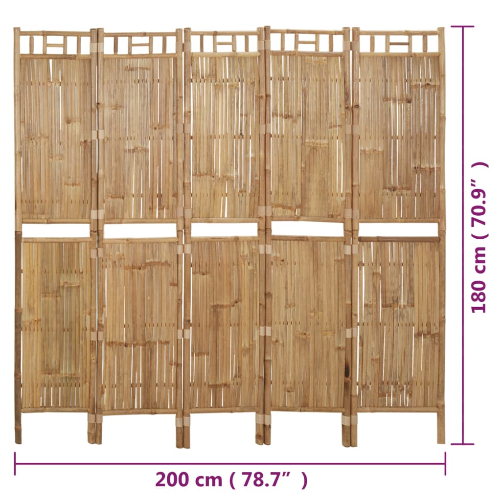 Bamboo 5-Panel Room Divider, Natural 200x180 cm Privacy Screen