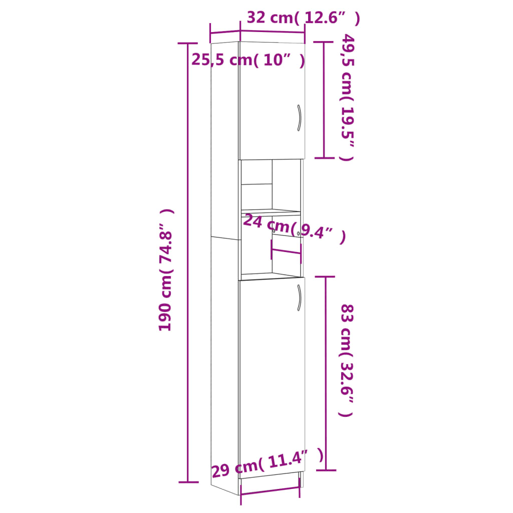 Grey Sonoma Engineered Wood Bathroom Cabinet 32x25.5x190 cm
