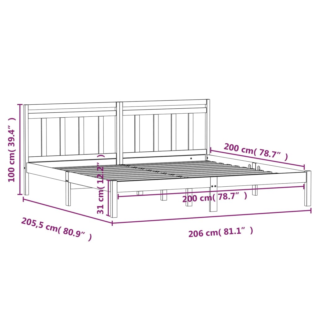 vidaXL Black Solid Wood Bed Frame 200x200 cm - No Mattress