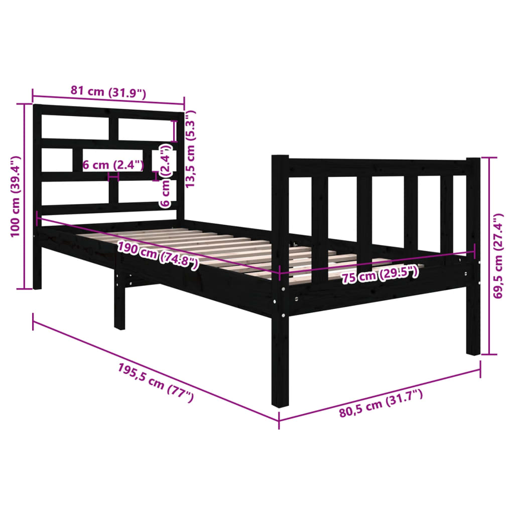 Black Solid Pine Wood Bed Frame, Small Single (Mattress Not Included)