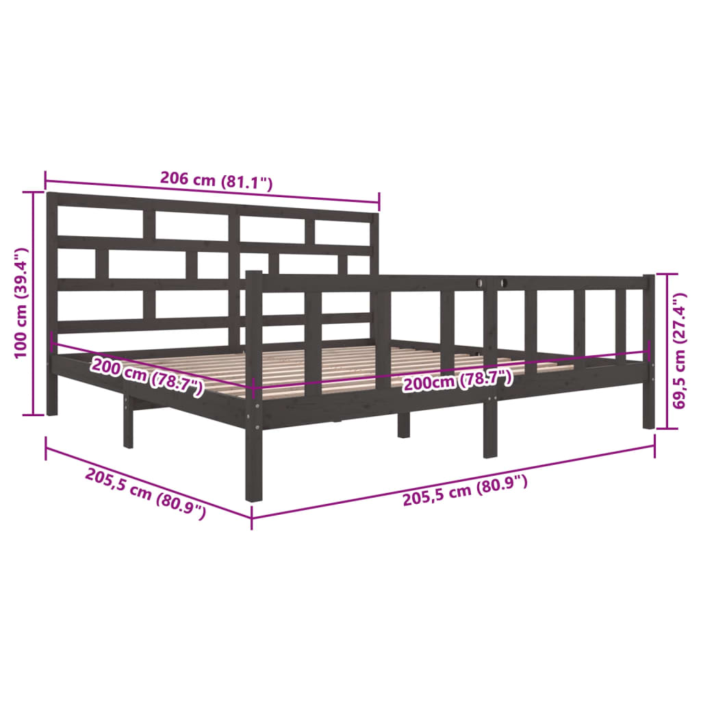vidaXL Grey Solid Wood Bed Frame 200x200 cm - No Mattress Included