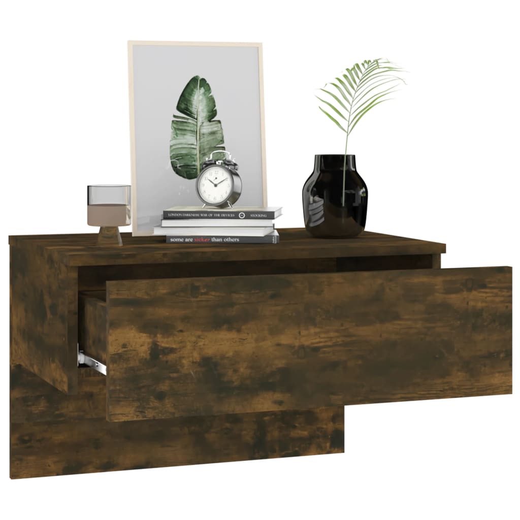 Smoked Oak Wall-Mounted Bedside Cabinet - Stylish & Space-Saving