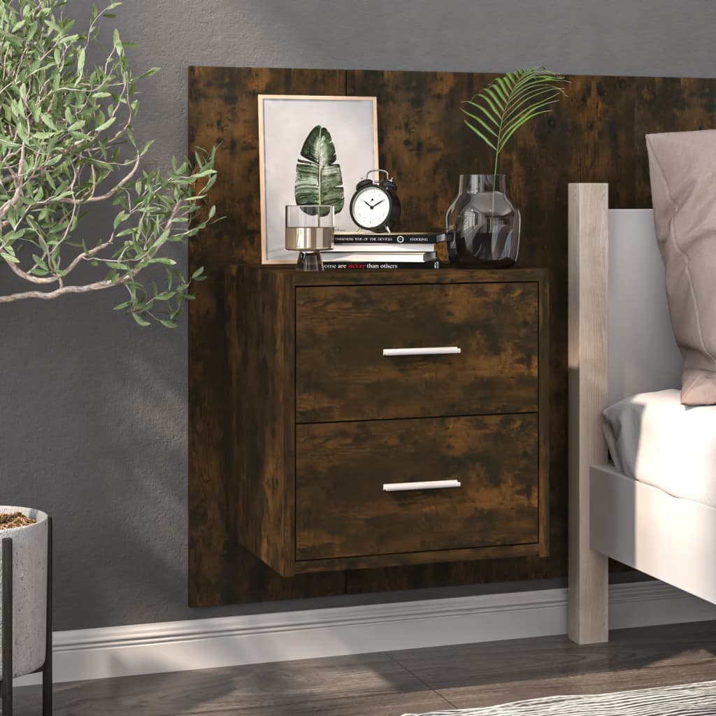 Smoked Oak Wall-Mounted Bedside Cabinet - Sleek & Stylish Storage
