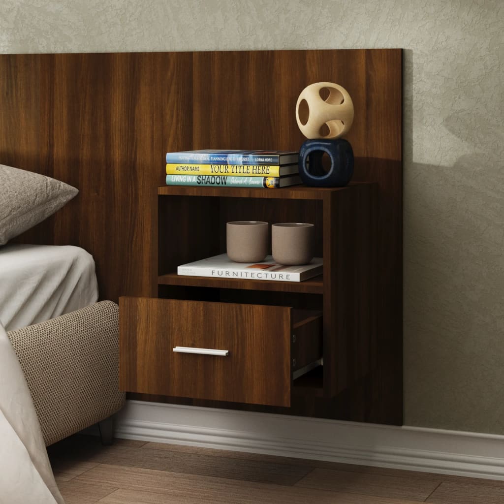Brown Oak Wall-Mounted Bedside Cabinet - Space-Saving Elegance