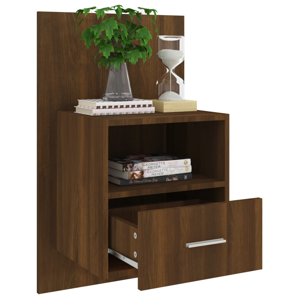 Brown Oak Wall-Mounted Bedside Cabinet - Space-Saving Elegance