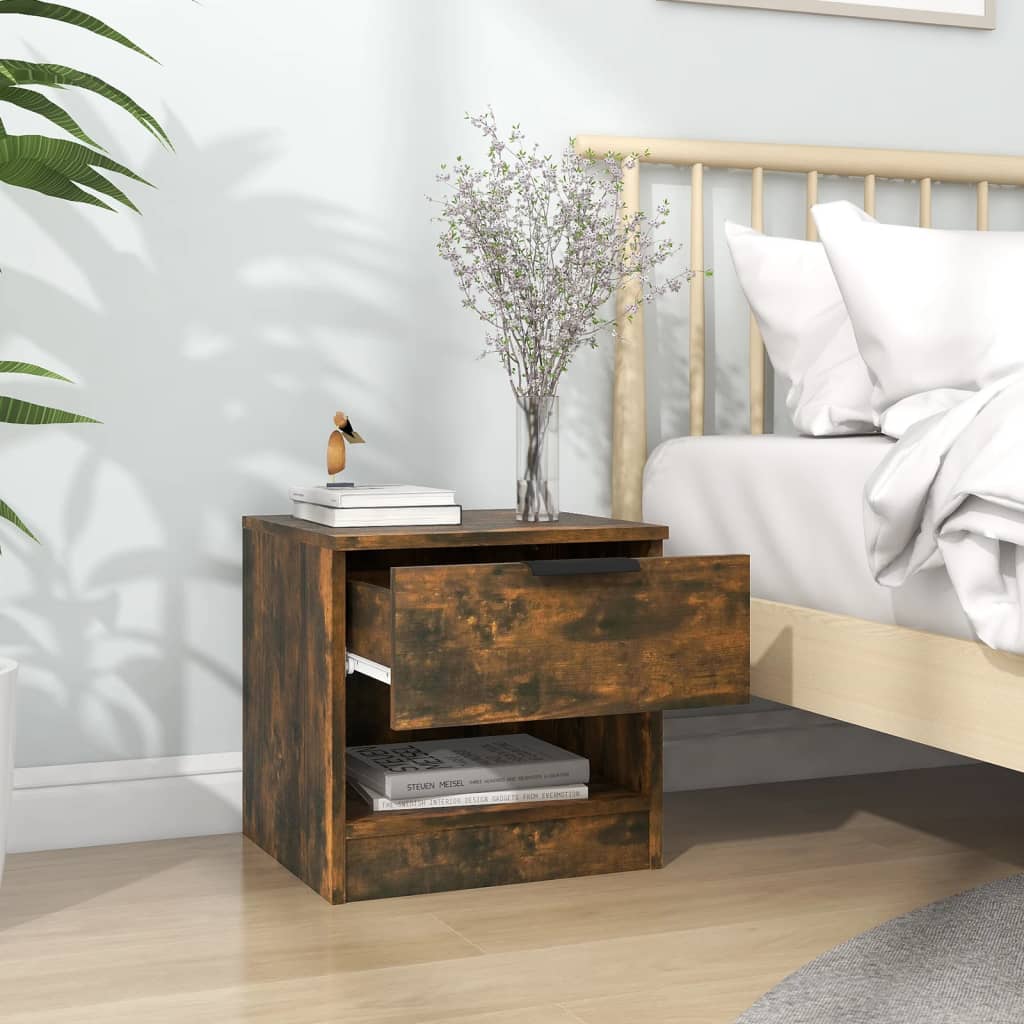 Smoked Oak Engineered Wood Bedside Cabinets, Set of 2
